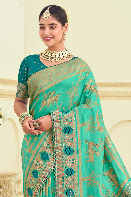 Sea Green Color Glamorous Weaving Designs Silk Saree