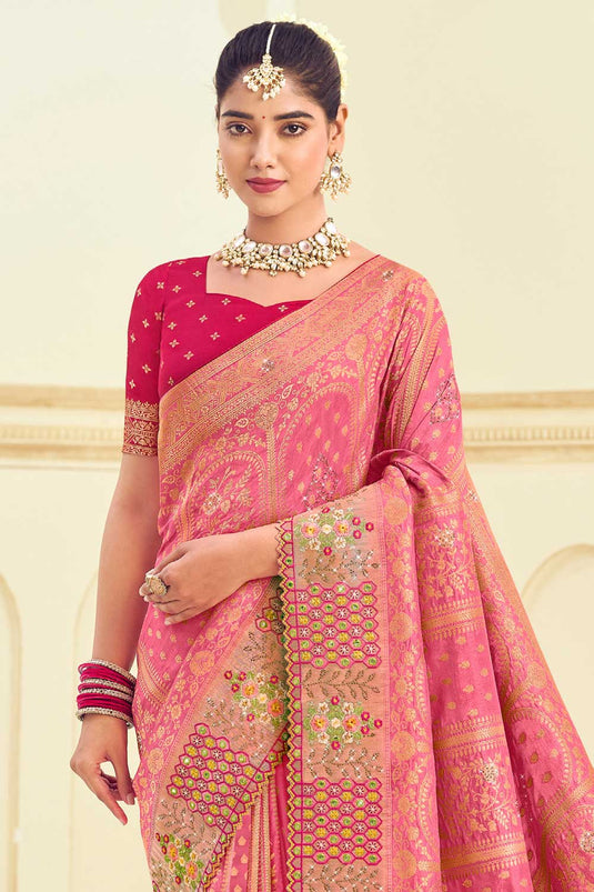 Pink Color Exquisite Weaving Designs Silk Saree