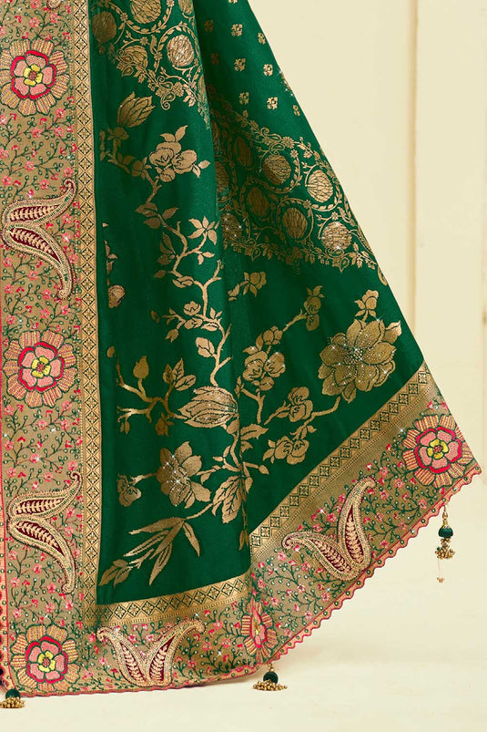 Alluring Dark Green Color Weaving Designs Silk Saree