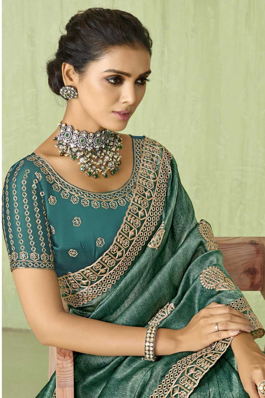 Beautiful Teal Color Saree In Silk Fabric