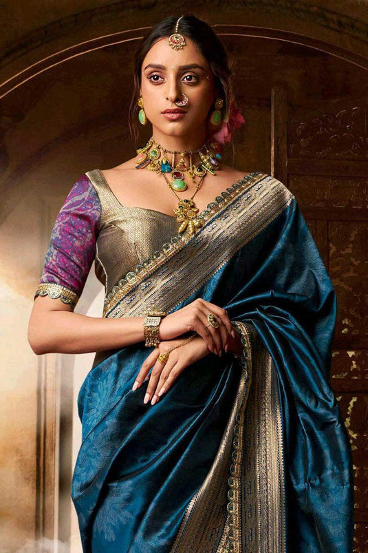 Teal Color Festive Wear Banarasi Silk Chic Saree