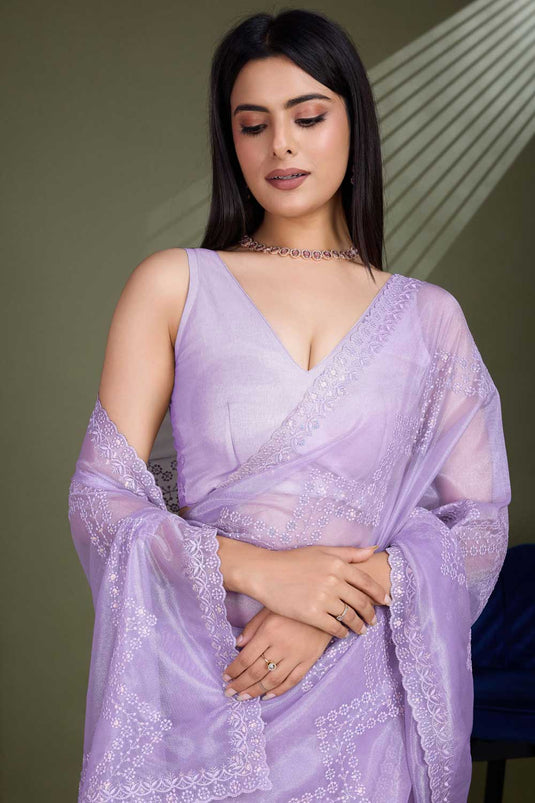 Party Look Net Fabric Lavender Color Saree