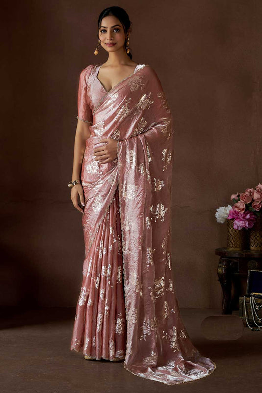 Peach Color Function Wear Brilliant Satin Silk Saree