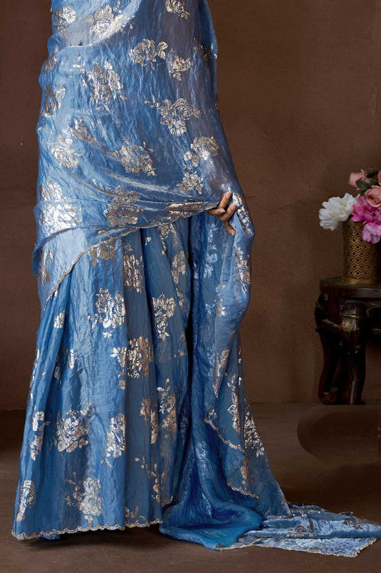 Function Wear Imposing Satin Silk Saree In Sky Blue Color