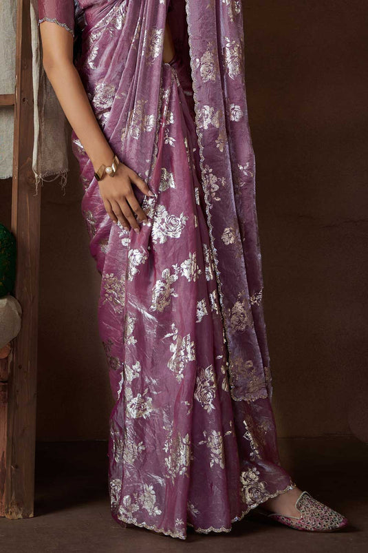 Function Wear Soothing Satin Silk Saree In Lavender Color