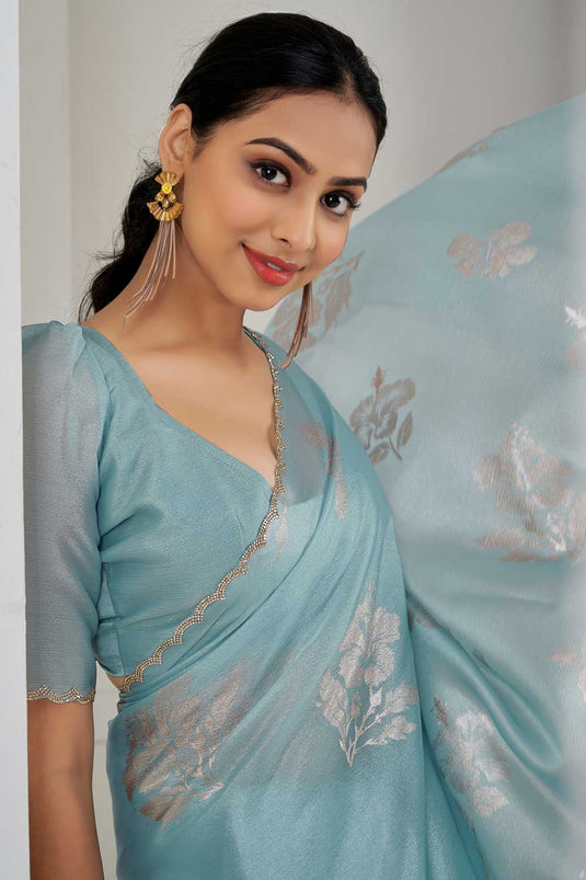 Attractive Function Wear Satin Silk Saree In Light Cyan Color