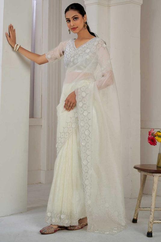 Off White Color Pleasant Organza Fabric Saree