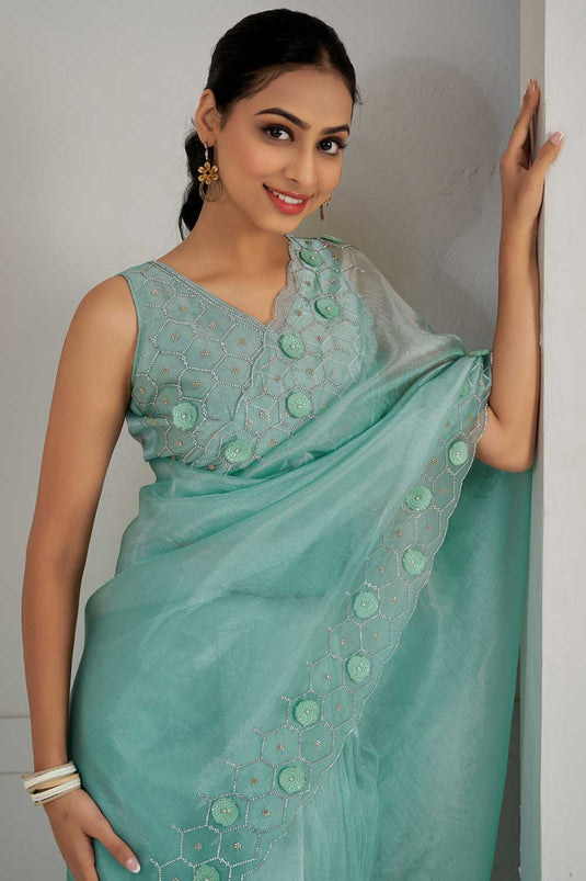 Sea Green Color Brilliant Organza Fabric Saree