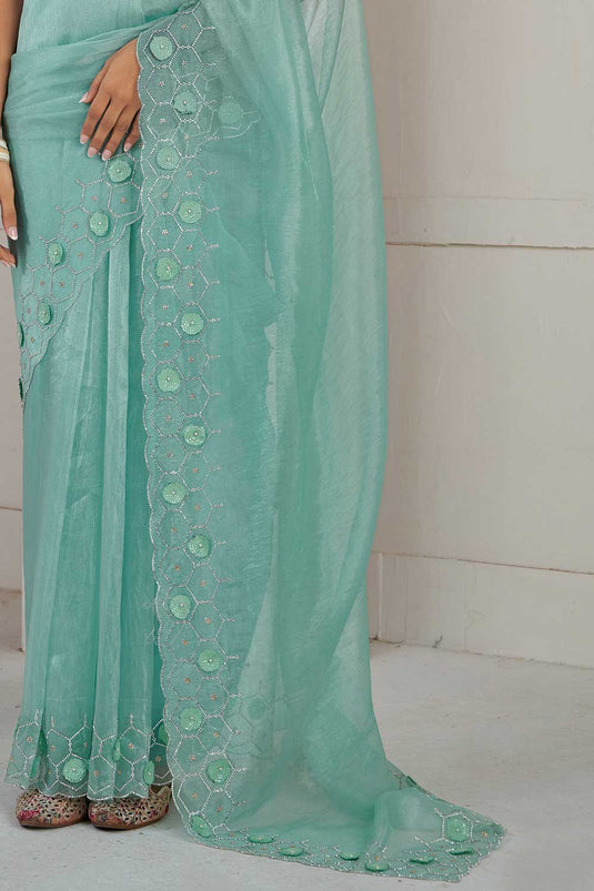 Sea Green Color Brilliant Organza Fabric Saree