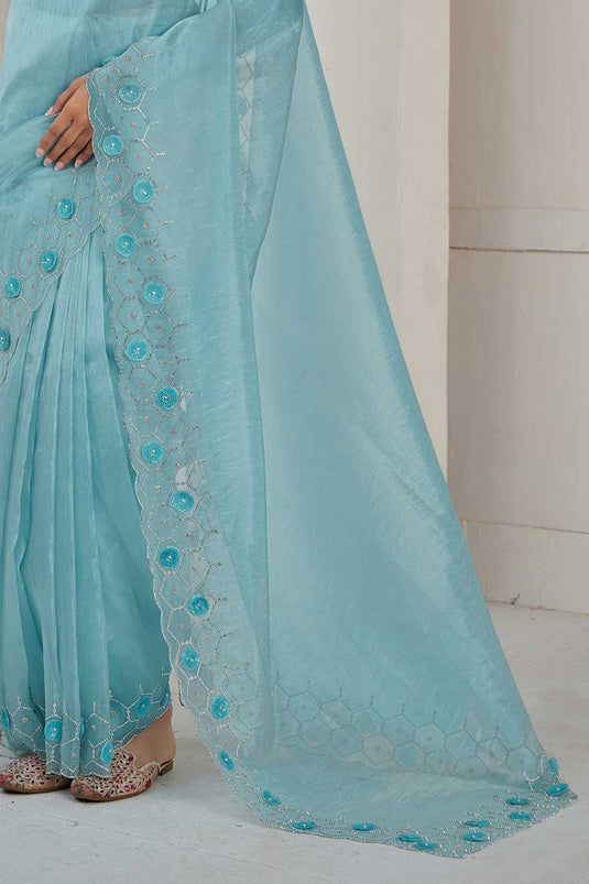 Imposing Organza Fabric Saree In Light Cyan Color