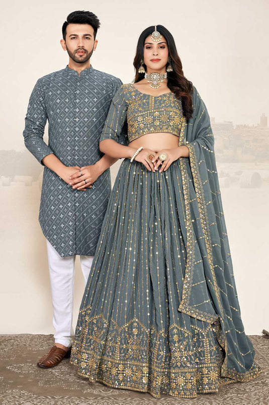 Grey Color Attractive Georgette Sequins Work Couple Wear Set