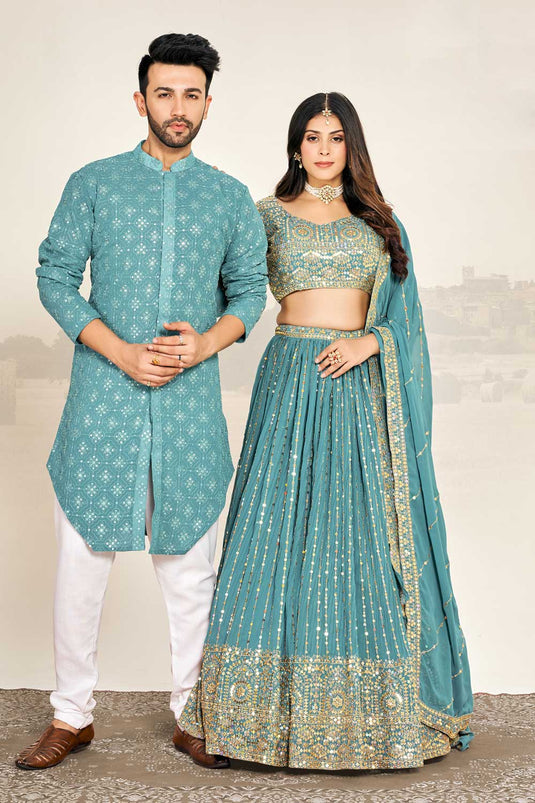 Trendy Sequins Work Cyan Color Georgette Couple Wear Set