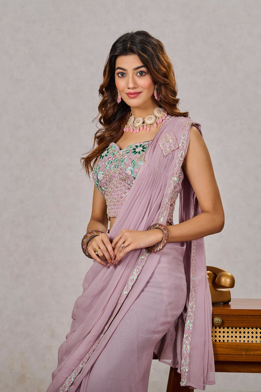 Pink Color Georgette Fabric Special One Minute Embroidered Saree