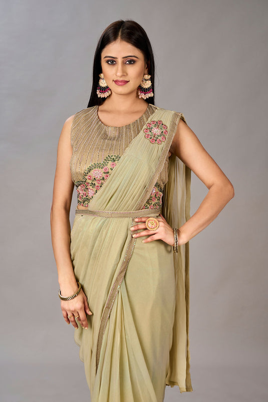Embroidered Work On Georgette Fabric Bewitching One Minute Saree In Sea Green Color
