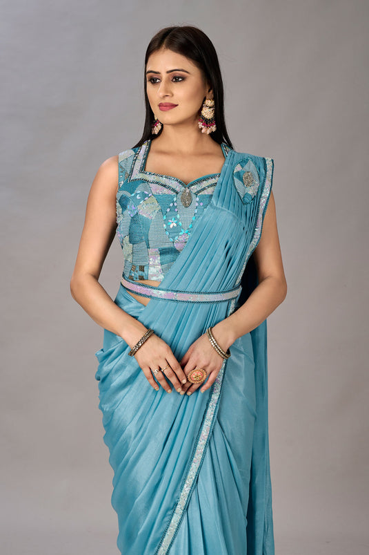 Sky Blue Color Georgette Fabric Coveted One Minute Saree With Embroidered Work