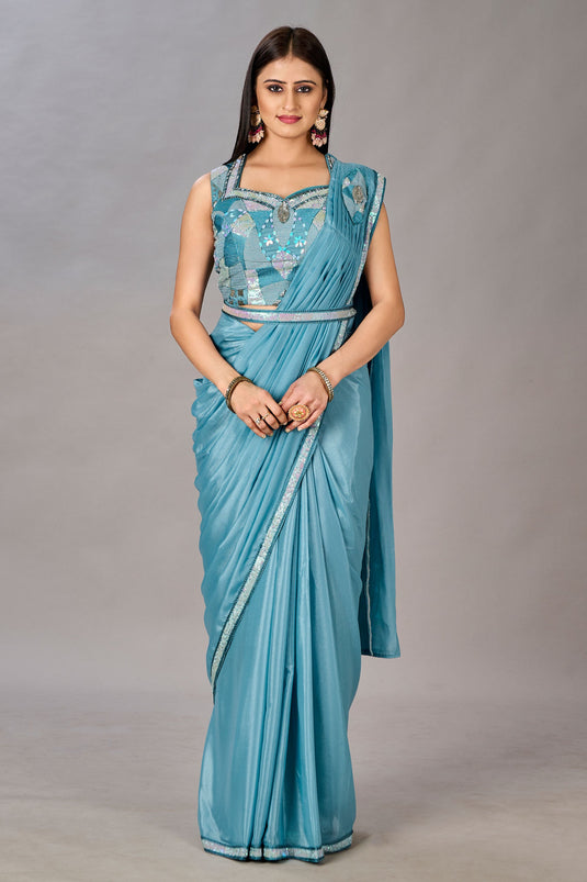Sky Blue Color Georgette Fabric Coveted One Minute Saree With Embroidered Work