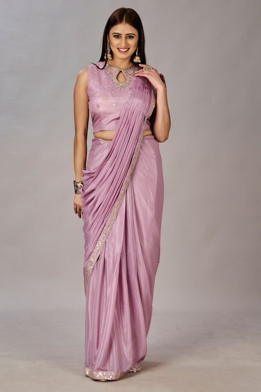 Beguiling Embroidered Work On Pink Color Georgette Fabric One Minute Saree