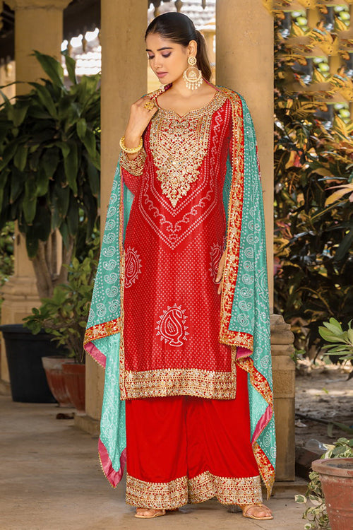 Red Chinon Bandhani Print Readymade Palazzo Salwar Kameez
