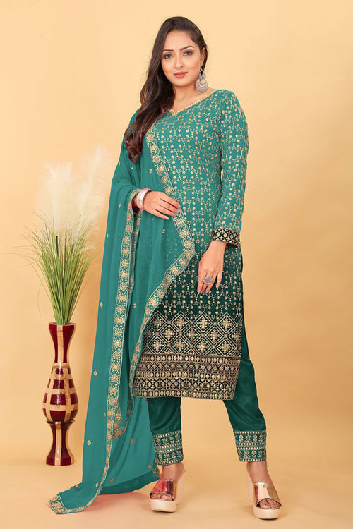 Georgette Teal Embroidered Readymade Straight Cut Salwar Suit