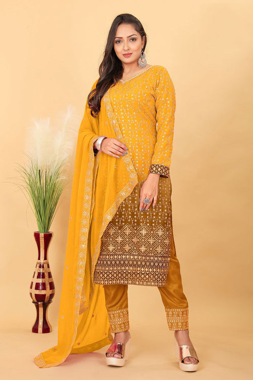 Embroidered Georgette Mustard Readymade Straight Cut Suit