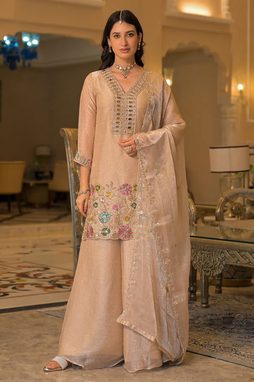 Beige Embroidered Straight Cut Palazzo Salwar Kameez With Floral Dupatta