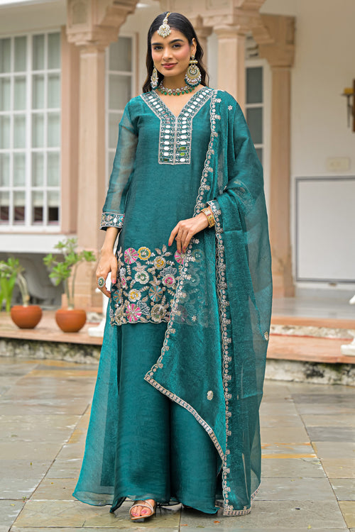 Premium Green Straight Cut Palazzo Salwar Kameez With Floral Embroidery