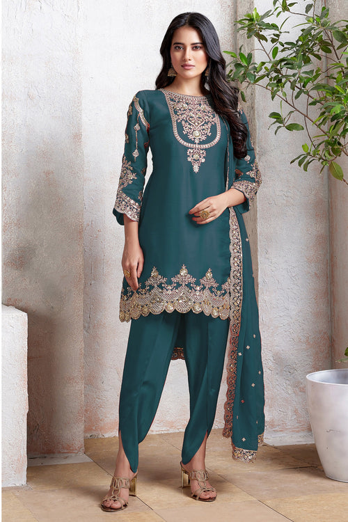 Embroidered Teal Art Silk Designer Patiala Dress