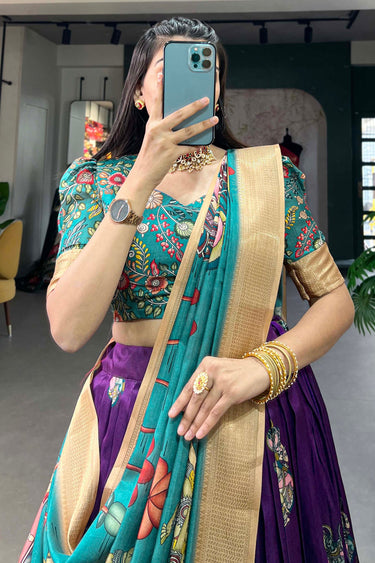 Beguiling Purple Color Dola Silk Fabric kalamkari printed Lehenga