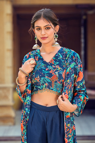 Blue Art Silk Readymade Indo Western Palazzo Suit With Shrug