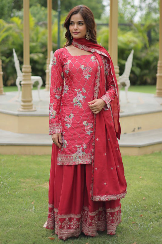 Chinon Fabric Red Color Readymade Palazzo Salwar Suit