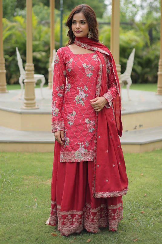 Chinon Fabric Red Color Readymade Palazzo Salwar Suit