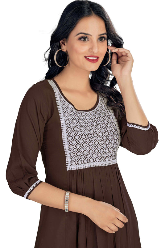 Beguiling Brown Color Rayon Fabric Readymade Embroidered Kurti