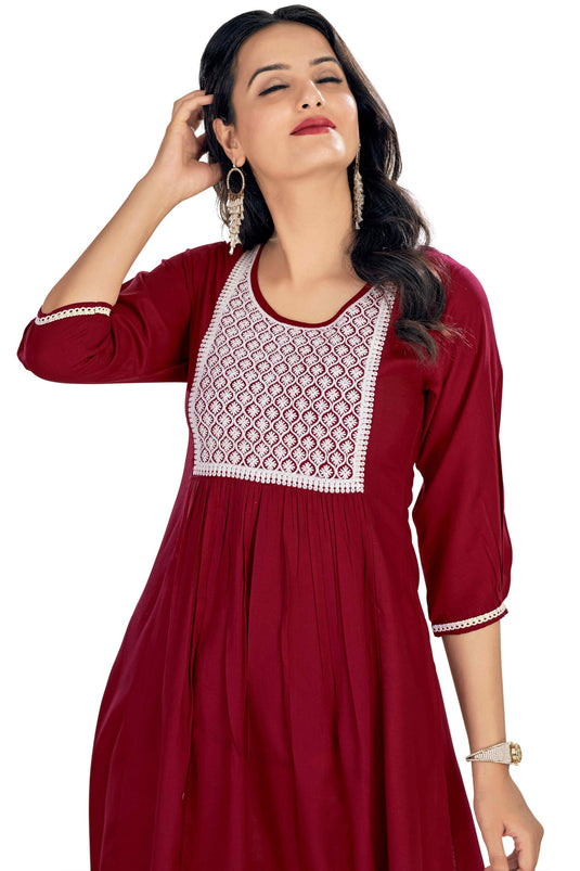 Tempting Rayon Fabric Maroon Color Readymade Embroidered Kurti