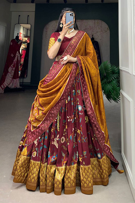 Art Silk Fabric Maroon Color Fantastic Function Wear Printed Lehenga