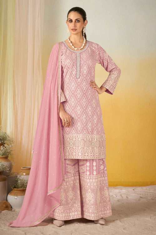 Ethnic Georgette Embroidered Readymade Palazzo Suit In Pink Color