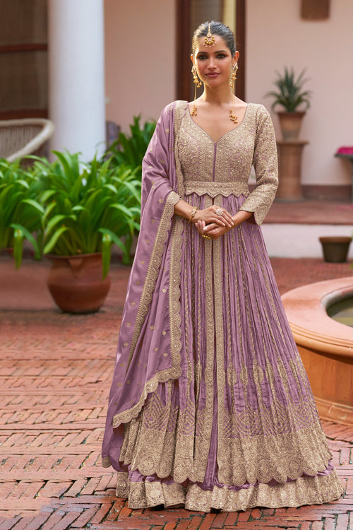 Lavender Chinon Sangeet Wear Readymade Long Top And Skirt