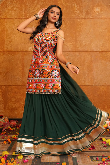 Green Vibrant Navratri Special Lehenga With Plastic Mirror Embroidered