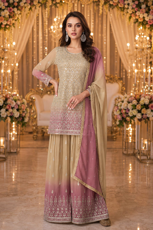 Georgette Sequins Embroidered Beige Readymade Palazzo Suit