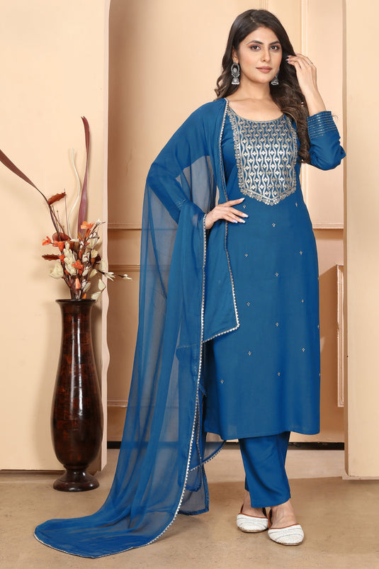Tempting Rayon Fabric Blue Color Readymade Salwar Suit