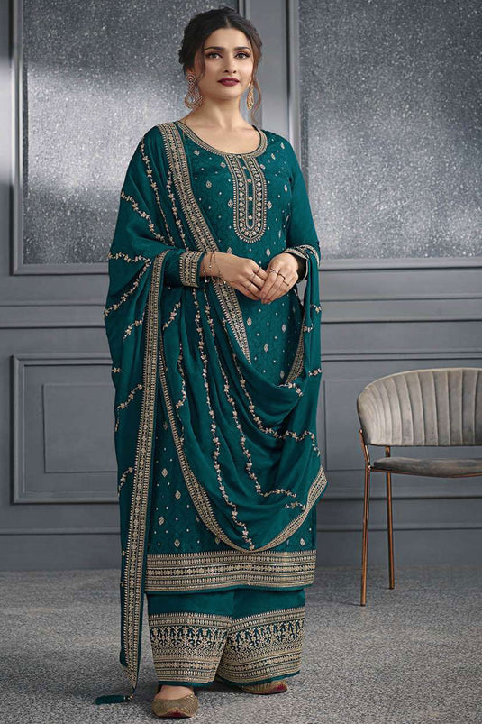 Prachi Desai Phenomenal Teal Color Jacquard Silk Palazzo Suit