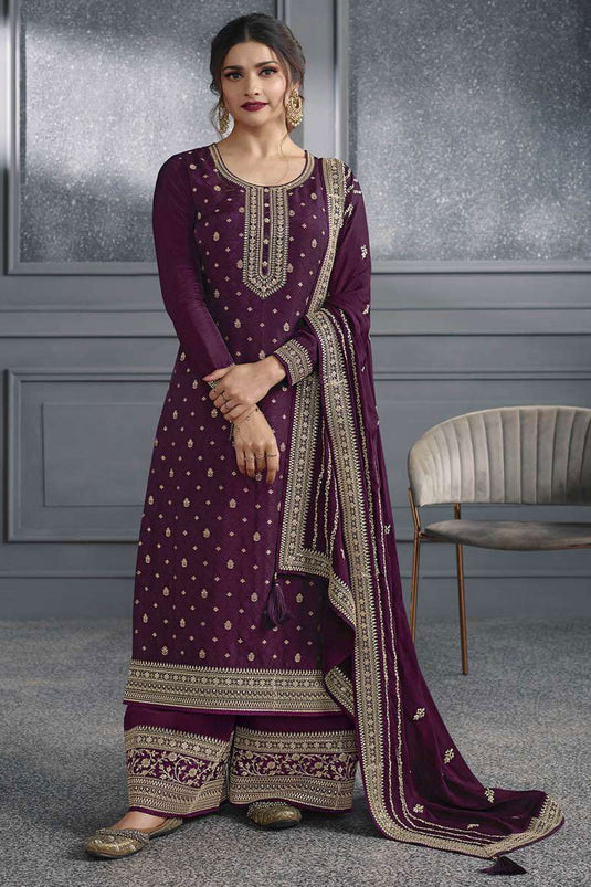 Prachi Desai Glamorous Purple Color Jacquard Silk Palazzo Suit