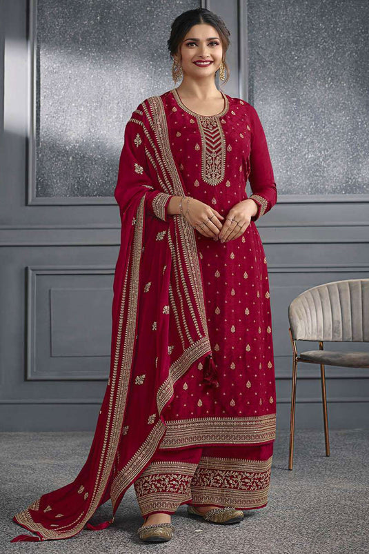 Prachi Desai Red Color Gorgeous Jacquard Silk Palazzo Suit