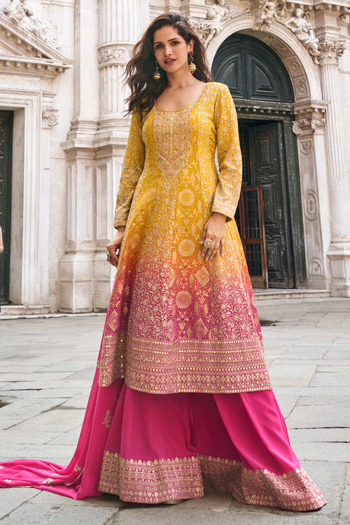 Georgette Yellow Embroidered Designer Readymade Palazzo Salwar Suit