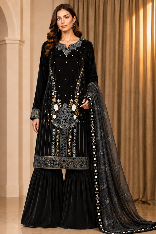 Elegant Velvet Embroidered Straight Kurta With Sharara And Dupatta