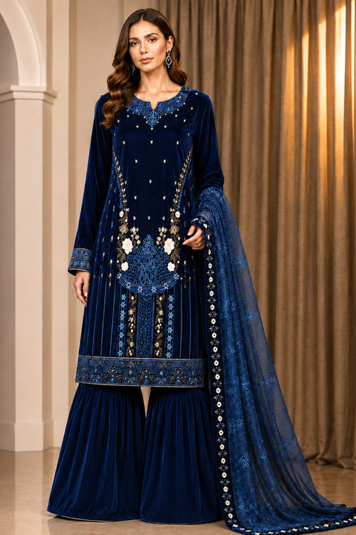 Party Wear Velvet Embroidered Sharara Suit With Designer Dupatta