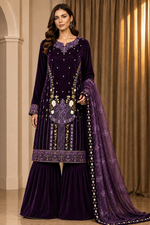 Womens Velvet Embroidered Sharara Suit With Dupatta