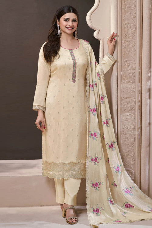 Prachi Desai Beige Straight Cut Suit With Dupatta