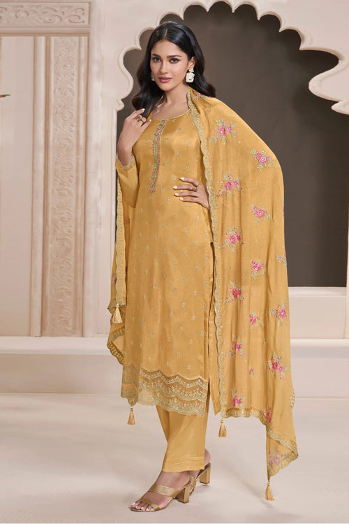 Embroidered Art Silk Designer Straight Cut Salwar Suit