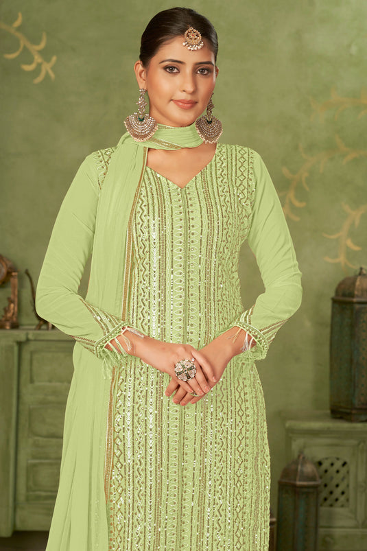 Party look Georgette Fabric Pakistani Suit in Green Color