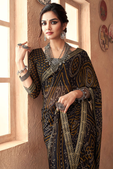 Black Bandhani Print Attached Banarasi Border Chiffon Saree